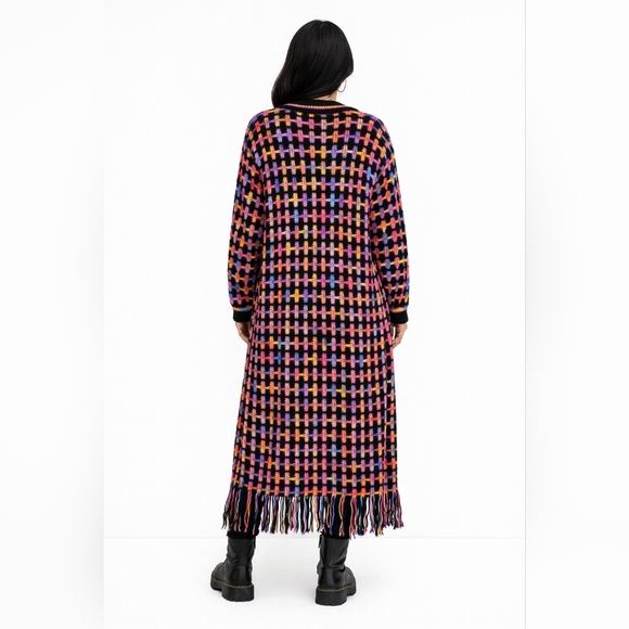 Boho Fringe Long Knit Cardigan Duster Multicolor Cozy Festival Sweater - Picture 6 of 9